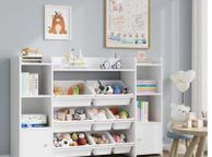 main image for ad Kids Toy Storage Unit and Bookcase with 8 Boxes and 9 Shelves White for Children