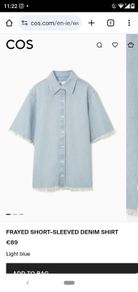 COS 100% Cotton Frayed Short-Sleeved Denim Shirt Jacket Light Blue Size EU34 UK8