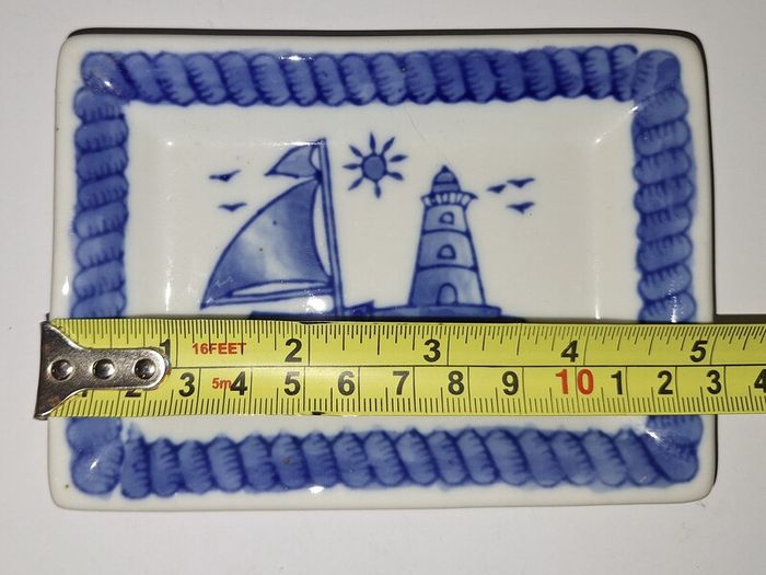 SALE! Blue / White Trinket Dish with Boat and Lighthouse