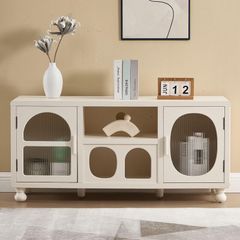 120cm Sideboard Cabinet with 2 Corrugated Glass Doors, Ball Feet & Spacious Storage, Modern Living Room Lowboard