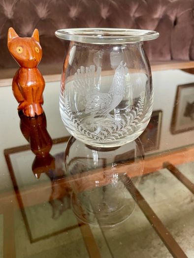 Vintage Signed Bruce Walker Kirkbuddo Glass Studio Etched Art Glass Bud Vase Capercaillie 1976