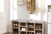 Padded shoe bench natural-grey  shoe bench, shoe rack, shoe storage, bench, 10 compartments, with upholstery, for the entrance area, hallway, bedroom, 104 x 30 x 48 cm, wood look