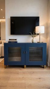 Rare Solid Wood IKEA Besta Vara - Made in Italy 1999 - Navy Reeded Glass TV Unit