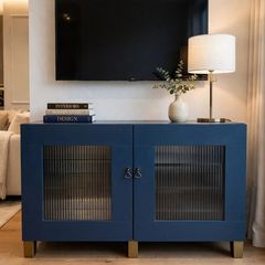 Rare Solid Wood IKEA Besta Vara - Made in Italy 1999 - Navy Reeded Glass TV Unit
