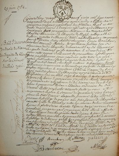 1752 Notarial Agreement: Tithe Lease of Clamecy Bail d'Accense.Signed Antique Document