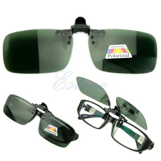 New clipon sunglasses. Brown green yellow grey