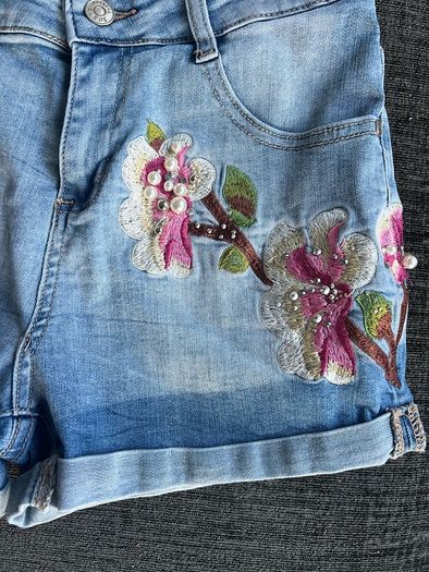 Monday Denim Shorts XS Embroidered Floral & Bird Design