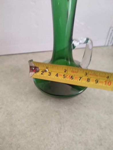 Vintage Retro  Handblown 60s 70s Green Glass Clear Applied Handle Vase