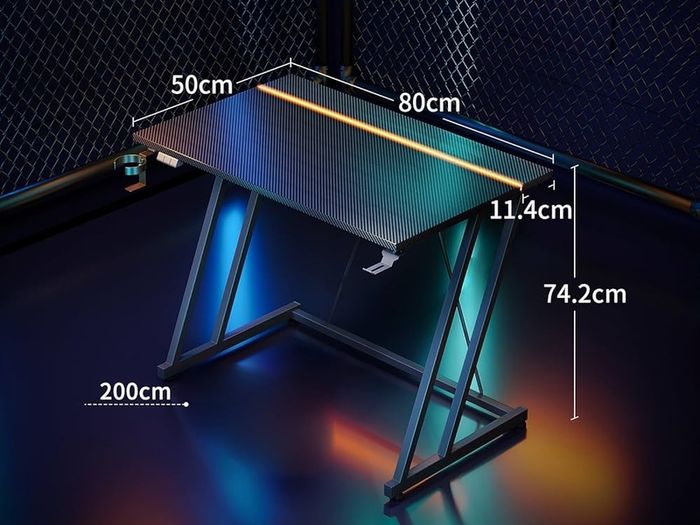 Gaming Desk with LED Lights & Power Outlet, Gaming Table with Cup Holder and Headphone Hook, Double Z Frame Design Computer Desk Carbon Fiber Black 80 cm