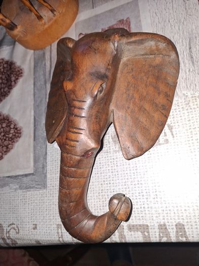 Antique Rustic Carved Wood Elephant Head Wall Hanging Symbol of Good Luck and Positive Energy
