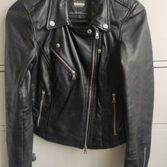 Zara Black Genuine Leather Biker Jacket - Size S Fits XS