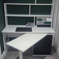 White Multi-Function Desk with Pull-Out Extension & Shelving