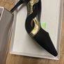 Black suede quiz gold detail high heels Image 2