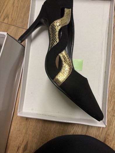 Black suede quiz gold detail high heels