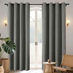 100% Blackout Lined Curtains W66 x L84 Inch Drop, Linen Look Eyelet Thermal Insulated Curtains with Coating Back Layer for Light Blocking Noise Reduction, Grey - 2 Panels
