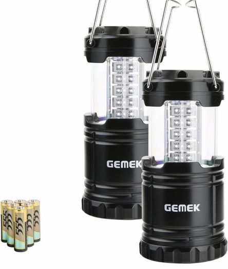 2 Pack LED Camping Lantern, Survival Kit for Emergency, Storm, Outages, Outdoor Portable Lantern, 6 AA Batteries Included (Black, Collapsible)