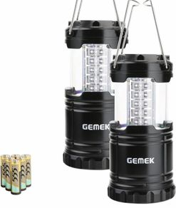 2 Pack LED Camping Lantern, Survival Kit for Emergency, Storm, Outages, Outdoor Portable Lantern, 6 AA Batteries Included (Black, Collapsible)