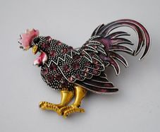 Enamel Rooster Brooch with Rhinestones