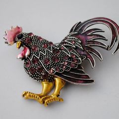 Enamel Rooster Brooch with Rhinestones