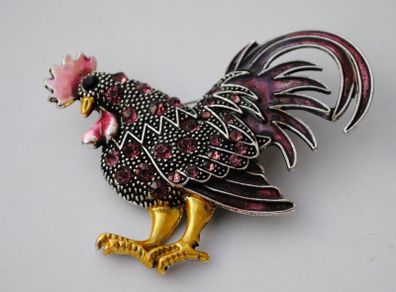 Enamel Rooster Brooch with Rhinestones