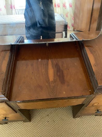 Mid century dressing table, ladies wardrobe, gents wardrobe and double bed.