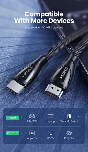 Ugreen 3M HDMI 2.1 UHD/3D 8K (7680x4320@60Hz) 48Gbps Ultra High Speed Cotton Braided (Nickel-Plated) Cable (Brand New/Warranty)