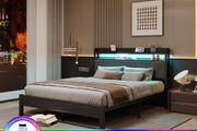 King Bed Frames with 5ft Upholstered Wooden Two-shelf Storage Headboard, Charging Station,LED Lights Grey