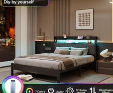 King Bed Frames with 5ft Upholstered Wooden Two-shelf Storage Headboard, Charging Station,LED Lights Grey