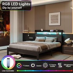 King Bed Frames with 5ft Upholstered Wooden Two-shelf Storage Headboard, Charging Station,LED Lights Grey