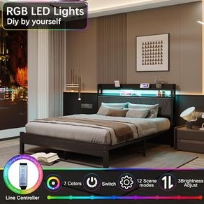 King Bed Frames with 5ft Upholstered Wooden Two-shelf Storage Headboard, Charging Station,LED Lights Grey
