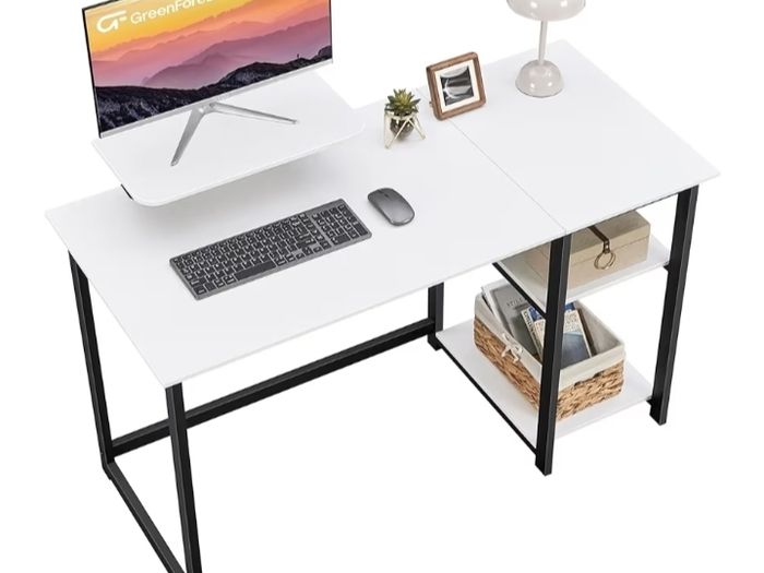 Computer Desk with Monitor Stand,100cm Office Desk with Reversible Storage Shelves,Study Desk for Home and Small Spaces,White