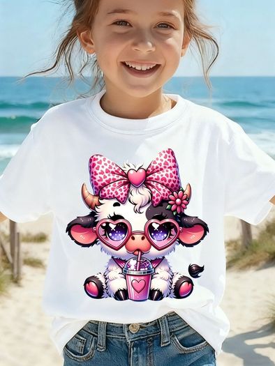 Cute Girls' Cartoon Cow T-Shirt