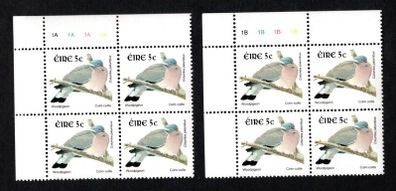 2002-04 Ireland Tenth Definitive Stamp Series Birds 5c Woodpigeon Plate Block 1A1A1A1A & 1B1B1B1B Mint Never Hinged (MNH)