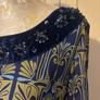 Derhy Dress - Size M - 100% Silk - Navy with olive green design, velvet cuffs and hem with jewelled neck. Image 2
