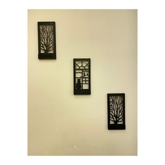 Black 3 Pcs Set Led Wooden Light Table Home Gift Hallway Night Lamp Set Wall Ornament Natural Tree Cat Bird Decoration