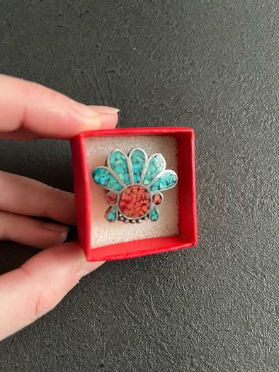 Handmade Sterling Silver Hopi Zuni Headdress Multi Stone Silver Ring- Turquoise and Coral - Vintage