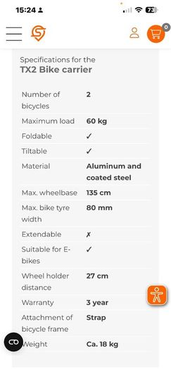 Tow bar mounted bike carrier