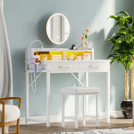 Dressing Table with LED Light Strip, Adjustable Colorful Brightness, Vanity Table with USB Power Outlets, White Vanity Desk with Stool, Makeup Desk with 2 Fabric Drawers, no Mirror, 80 /40/90cm