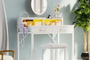 Dressing Table with LED Light Strip, Adjustable Colorful Brightness, Vanity Table with USB Power Outlets, White Vanity Desk with Stool, Makeup Desk with 2 Fabric Drawers, no Mirror, 80 /40/90cm