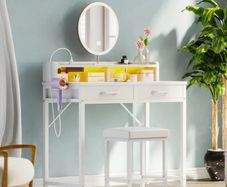 Dressing Table with LED Light Strip, Adjustable Colorful Brightness, Vanity Table with USB Power Outlets, White Vanity Desk with Stool, Makeup Desk with 2 Fabric Drawers, no Mirror, 80 /40/90cm