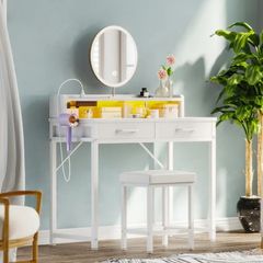 Dressing Table with LED Light Strip, Adjustable Colorful Brightness, Vanity Table with USB Power Outlets, White Vanity Desk with Stool, Makeup Desk with 2 Fabric Drawers, no Mirror, 80 /40/90cm