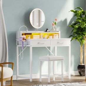 Dressing Table with LED Light Strip, Adjustable Colorful Brightness, Vanity Table with USB Power Outlets, White Vanity Desk with Stool, Makeup Desk with 2 Fabric Drawers, no Mirror, 80 /40/90cm