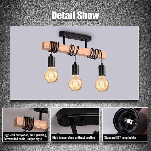 Industrial Wood Pendant Light with 3 Heads Adjustable Pendent Chandelier Light Vintage Semi Flush Ceiling Light Living Room E27 Bulb Drop Light Kitchen Dining Room Black Hanging Light (FREE POSTAGE)