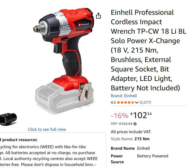 Einhell Professional Cordless Impact Wrench TP-CW 18 Li BL Solo Power X-Change (18 V, 215 Nm, Brushless, External Square Socket, Bit Adapter, LED Light, Battery Not Included)