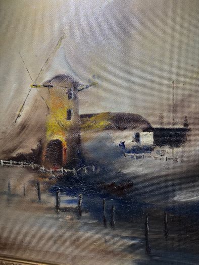 J Owens signed original oil painting - misty windmill scene, ornate gilt frame