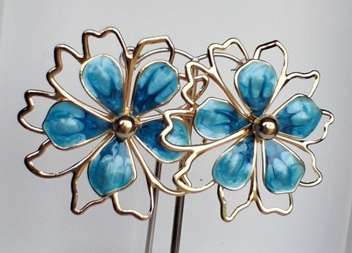 Gold & Teal Sakura Blossom Floral Statement Earrings