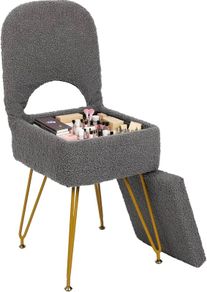 Vanity Chair with Storage, Faux Fur Dressing Table Chair Vanity Stool for Makeup, Foldable Backrest Ottoman for Bedroom, Dressing Room, Living Room, Gray 12.9