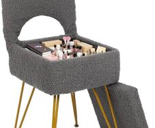 Vanity Chair with Storage, Faux Fur Dressing Table Chair Vanity Stool for Makeup, Foldable Backrest Ottoman for Bedroom, Dressing Room, Living Room, Gray 12.9