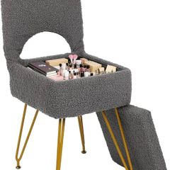 Vanity Chair with Storage, Faux Fur Dressing Table Chair Vanity Stool for Makeup, Foldable Backrest Ottoman for Bedroom, Dressing Room, Living Room, Gray 12.9