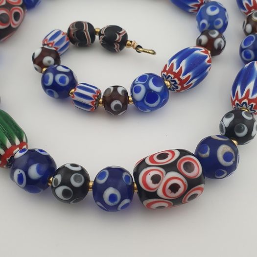 Vintage Venetian Style Mix Thousand Eyes & Chevron Glass Beads Necklace